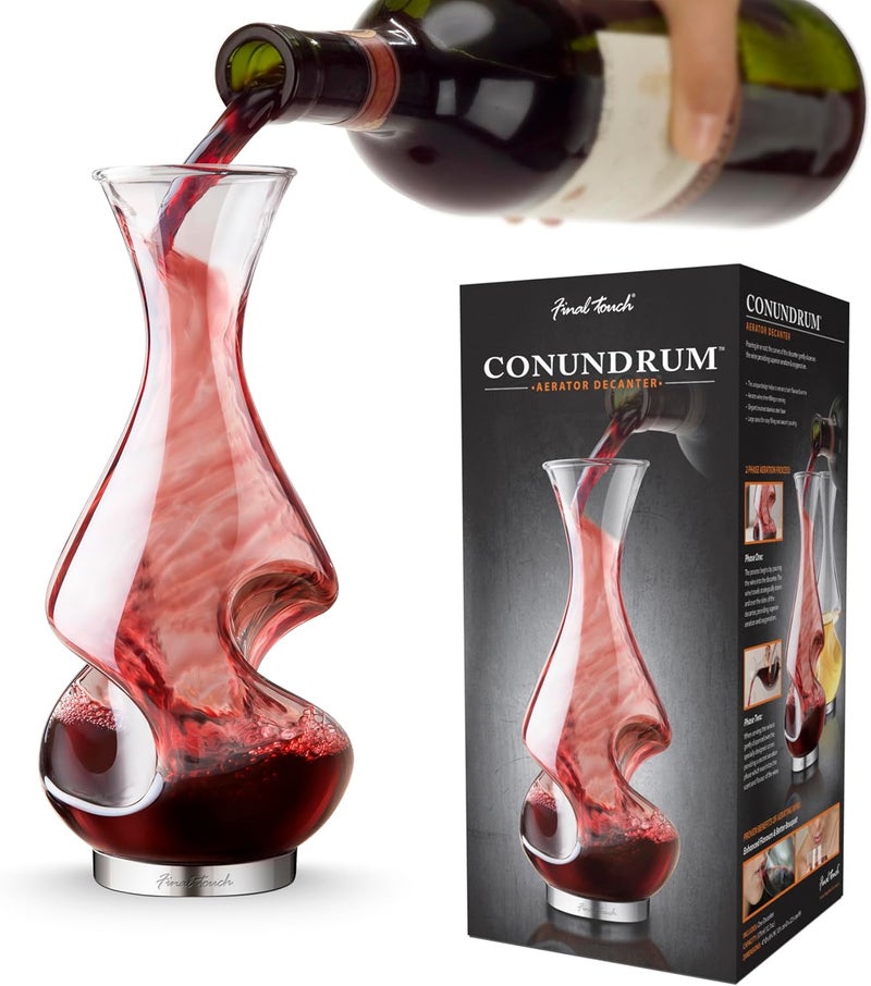 Final Touch Conundrum Wine Decanter Aerator - Superior Aeration & Oxygenation, Two-Phase Aeration Process, Enhances Flavor & Aroma, Elegant Stainless Steel Base, 375ml Capacity (WDA600) - Image 1
